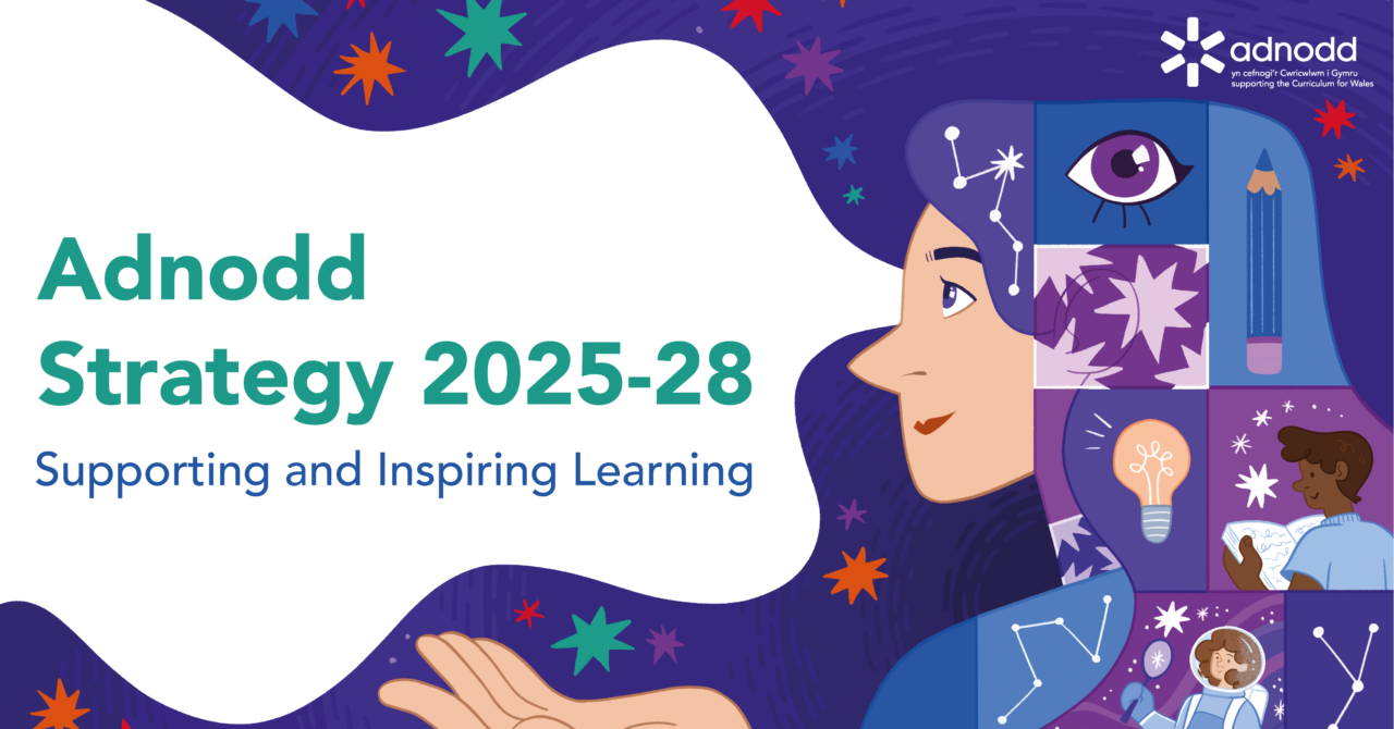 Illustration promoting the Adnodd Strategy 2025–28. A person’s face is shown with stars, constellations, and symbols of learning around them, including books, a pencil, lightbulb, and people studying. The text reads: “Adnodd Strategy 2025–28 – Supporting and Inspiring Learning.” Darlun yn hyrwyddo Strategaeth Adnodd 2025–28. Wyneb person gyda sêr, cytserau ac arwyddion dysgu o’u cwmpas, gan gynnwys llyfrau, pensil, bwlb golau a phobl yn astudio. Mae’r testun yn darllen: “Strategaeth Adnodd 2025–28 – Cefnogi ac Ysbrydoli Dysgu.”