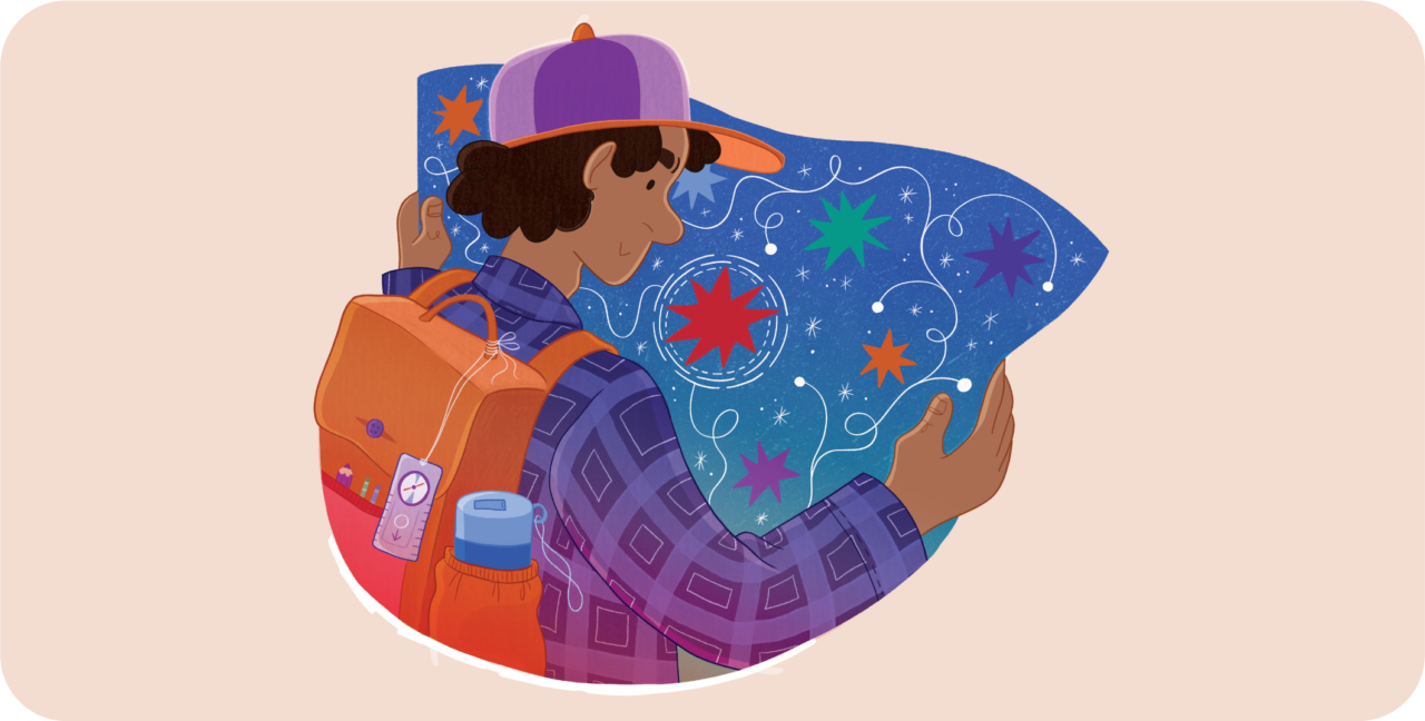 Illustration of a young person wearing a cap and backpack, holding an illustrated map of stars and constellations. The backpack is filled with school supplies, and the person looks ahead with curiosity. Darlun o berson ifanc yn gwisgo cap a bag cefn, yn dal map wedi’i addurno gyda sêr a chytserau. Mae’r bag cefn yn llawn deunyddiau ysgol, ac mae’r person yn edrych ymlaen yn chwilfrydig.