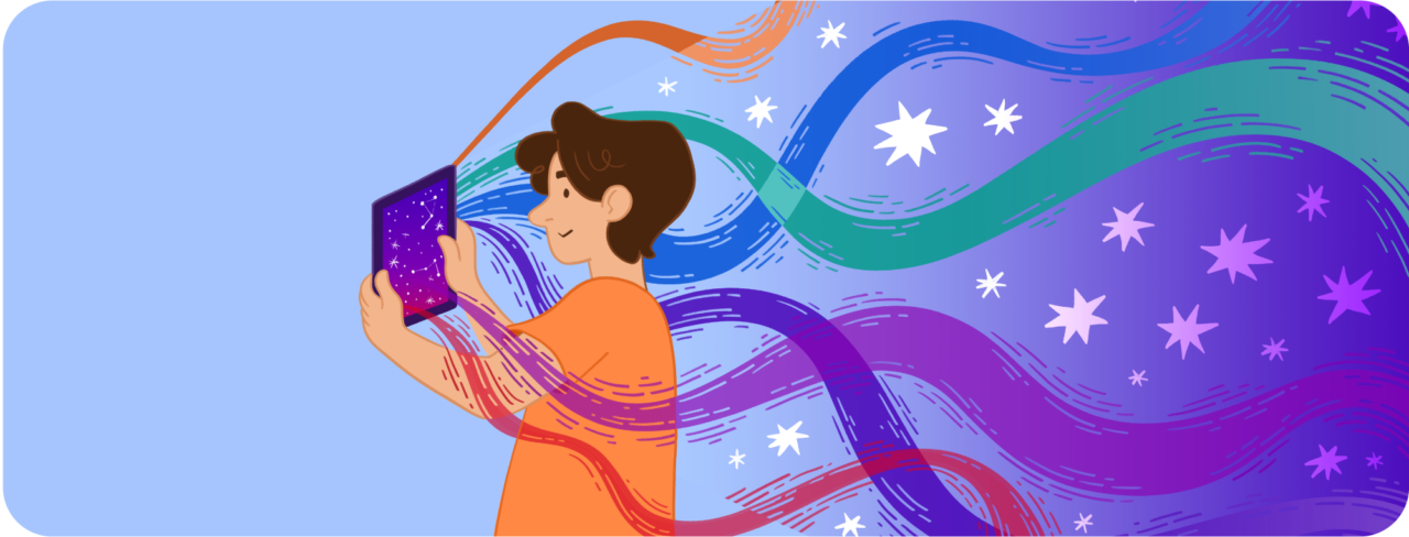 Illustration of a young boy reading a tablet with colourful swirls and stars coming out of it. Darlun o fachgen ifanc yn darllen tabled gyda throellau lliwgar a sêr yn dod allan ohoni.