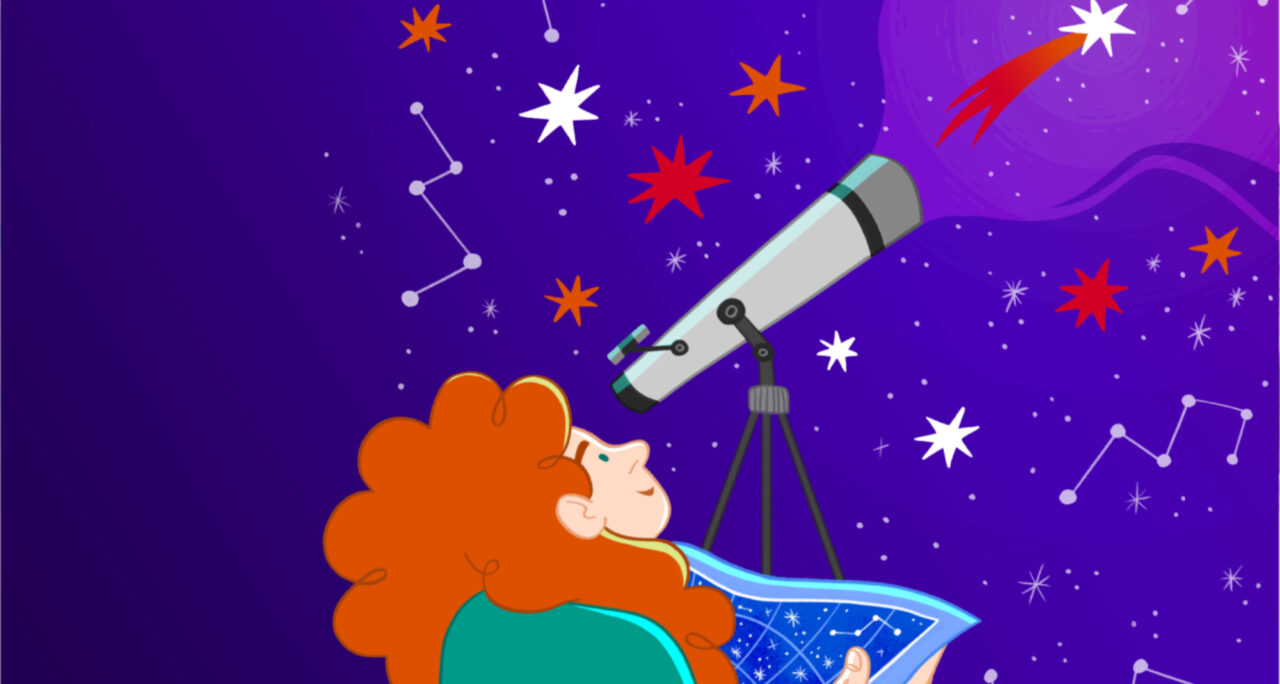 Illustration of a person with curly red hair looking through a telescope at stars, constellations and a shooting star. They are holding a star map. Darlun o berson gyda gwallt coch cyrliog yn edrych trwy delesgop at sêr, cytserau a seren wib. Maent yn dal map sêr.