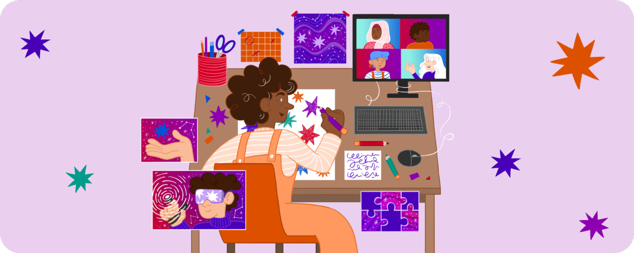 Illustration of a young woman working on a desk with four people on a video call. Surrounding her are images of people interacting with VR technology, stars and puzzles. Darlun o fenyw ifanc yn gweithio wrth ddesg gyda phedwar person ar alwad fideo. O’i chwmpas mae delweddau o bobl yn defnyddio technoleg VR, sêr a phosau.