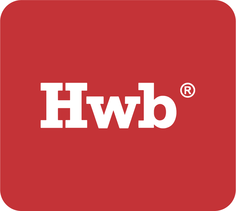 The white Hwb logo on a red background. | Logo Hwb gwyn ar gefndir coch.