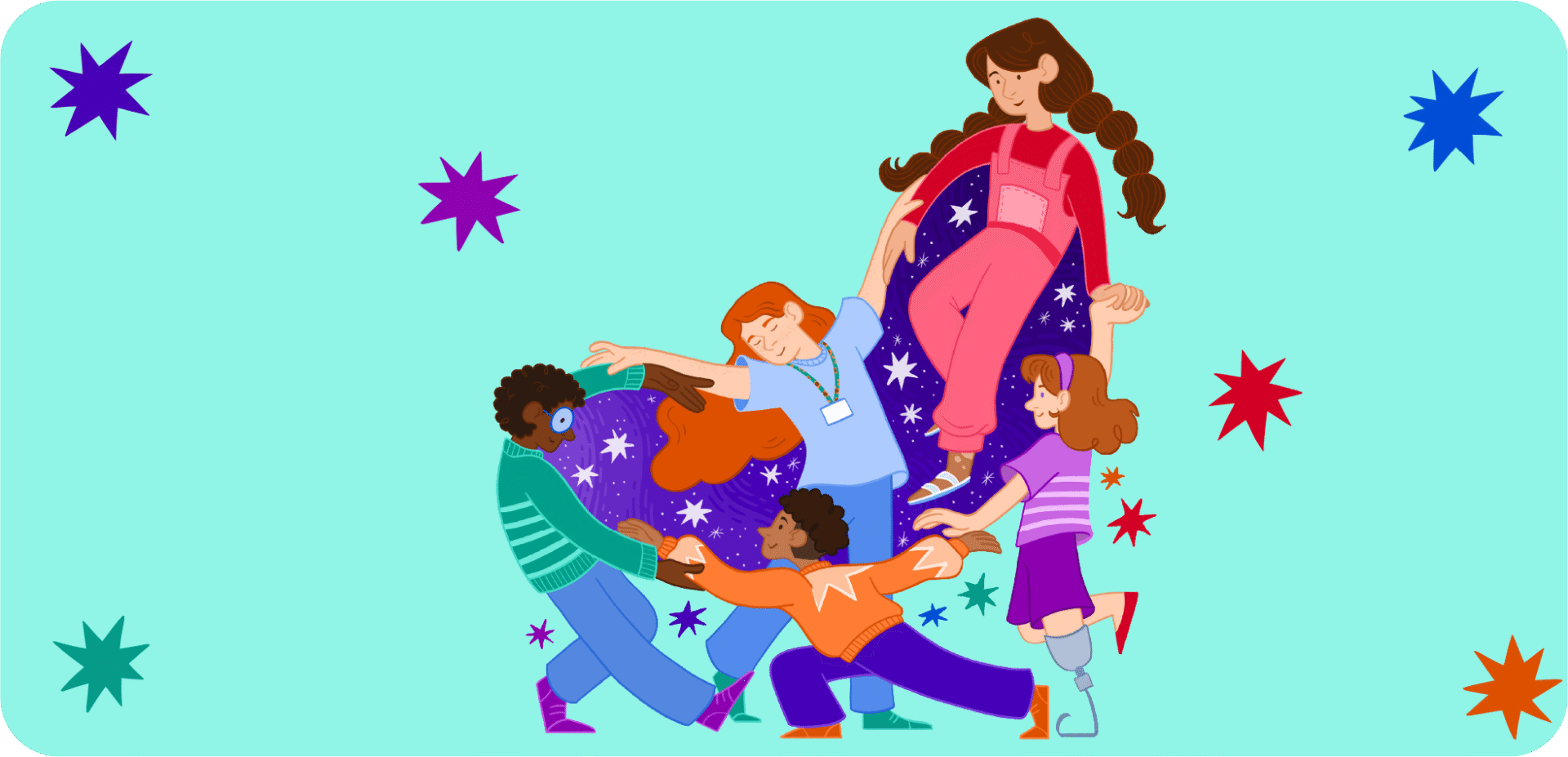 A group of children and an adult hold hands and balance together inside a large glowing shape filled with stars, on a turquoise background | Mae grŵp o blant ac oedolyn yn dal dwylo ac yn cydbwyso gyda’i gilydd y tu mewn i siâp mawr sy’n disgleirio ac yn llawn sêr, ar gefndir tyrgwis.