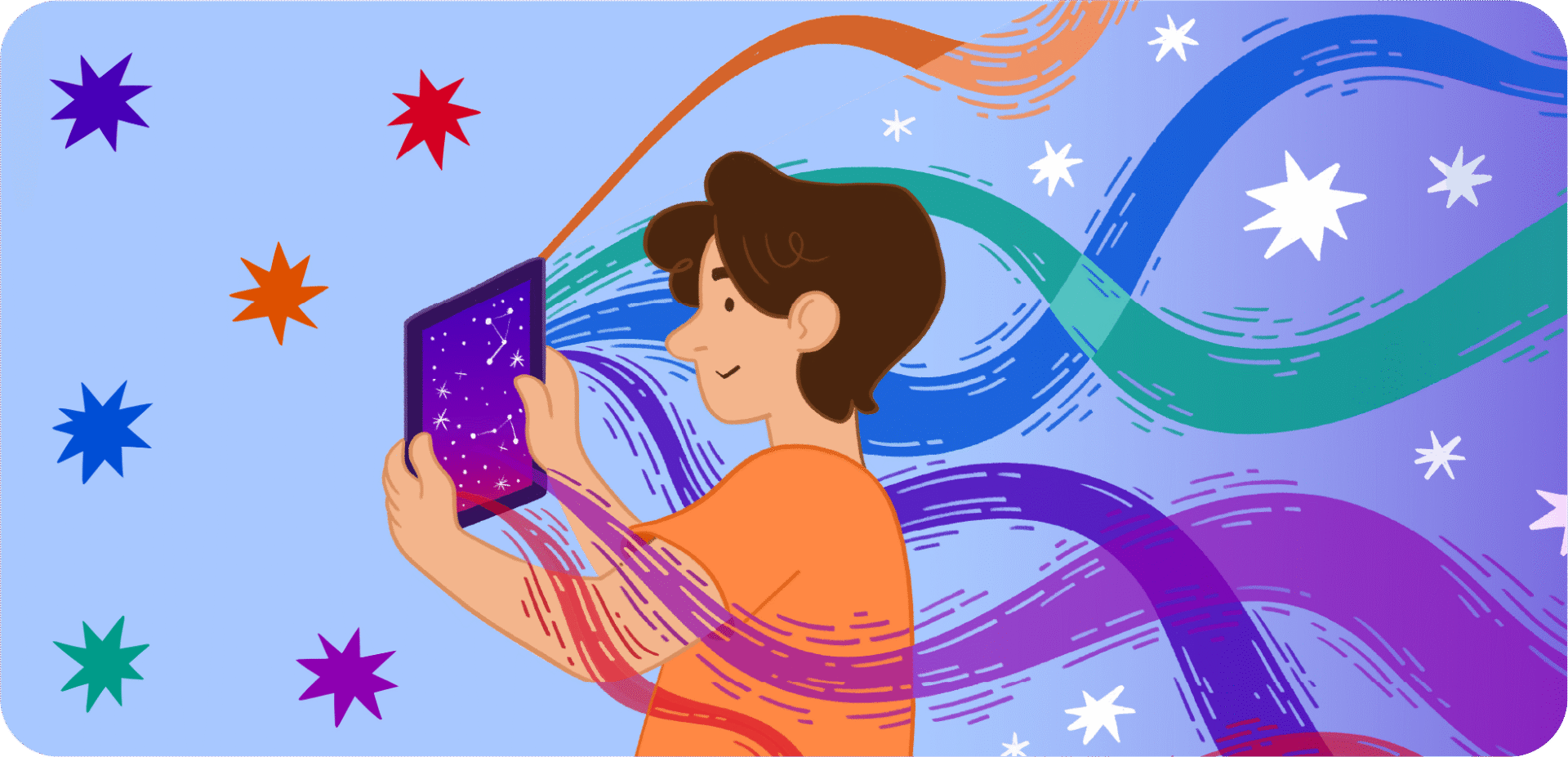 A young person holds a tablet showing stars and constellations, with colourful flowing lines and stars moving across the background | Mae person ifanc yn dal tabled sy’n dangos sêr a chytserau, gyda llinellau lliwgar yn llifo a sêr yn symud ar draws y cefndir.