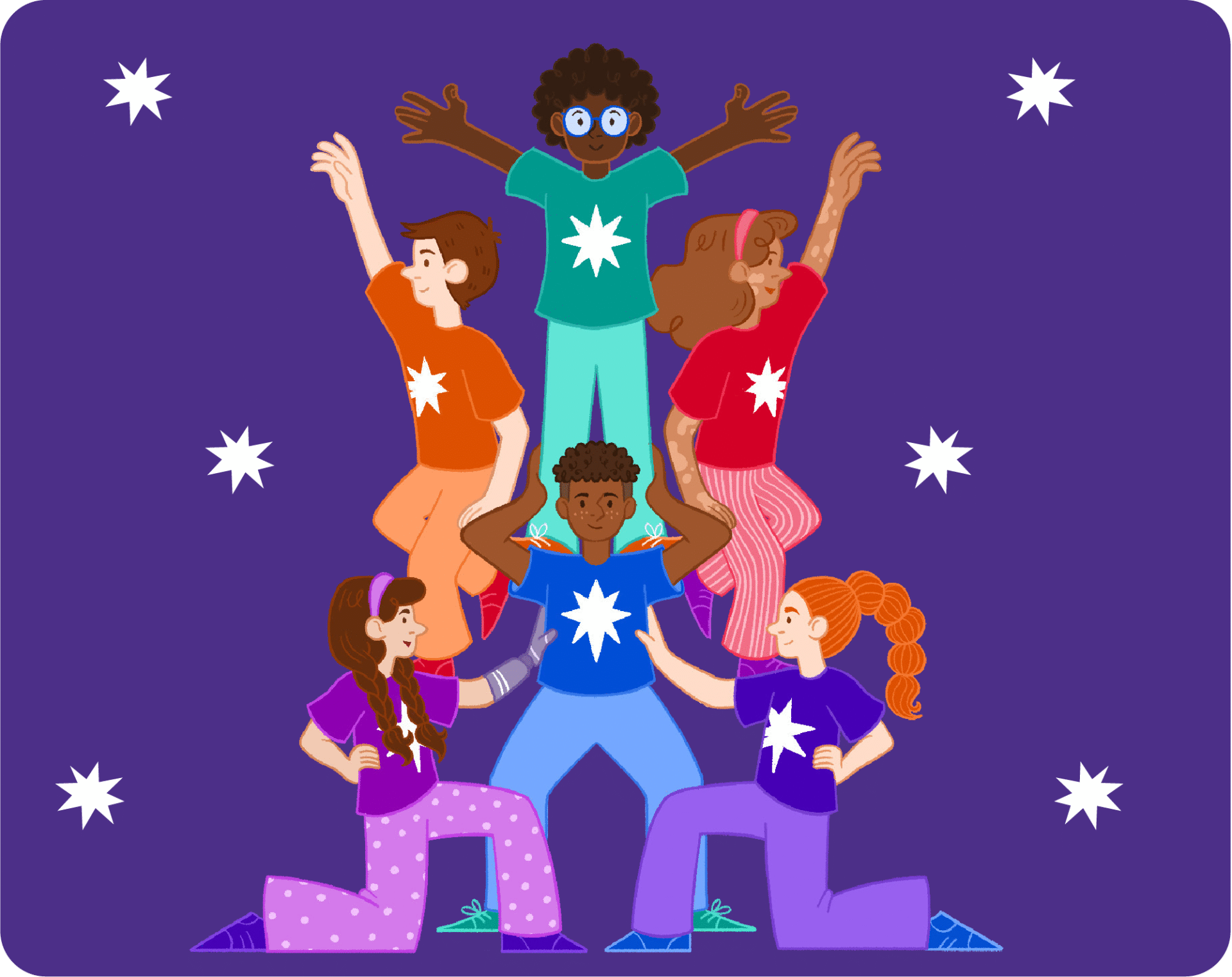 Six children stand together in a star shape, with their arms raised in different directions against a purple background with white stars. | Mae chwe phlentyn yn sefyll gyda’i gilydd mewn siâp seren, gyda’u breichiau wedi’u codi i gyfeiriadau gwahanol ar gefndir porffor gyda sêr gwynion.