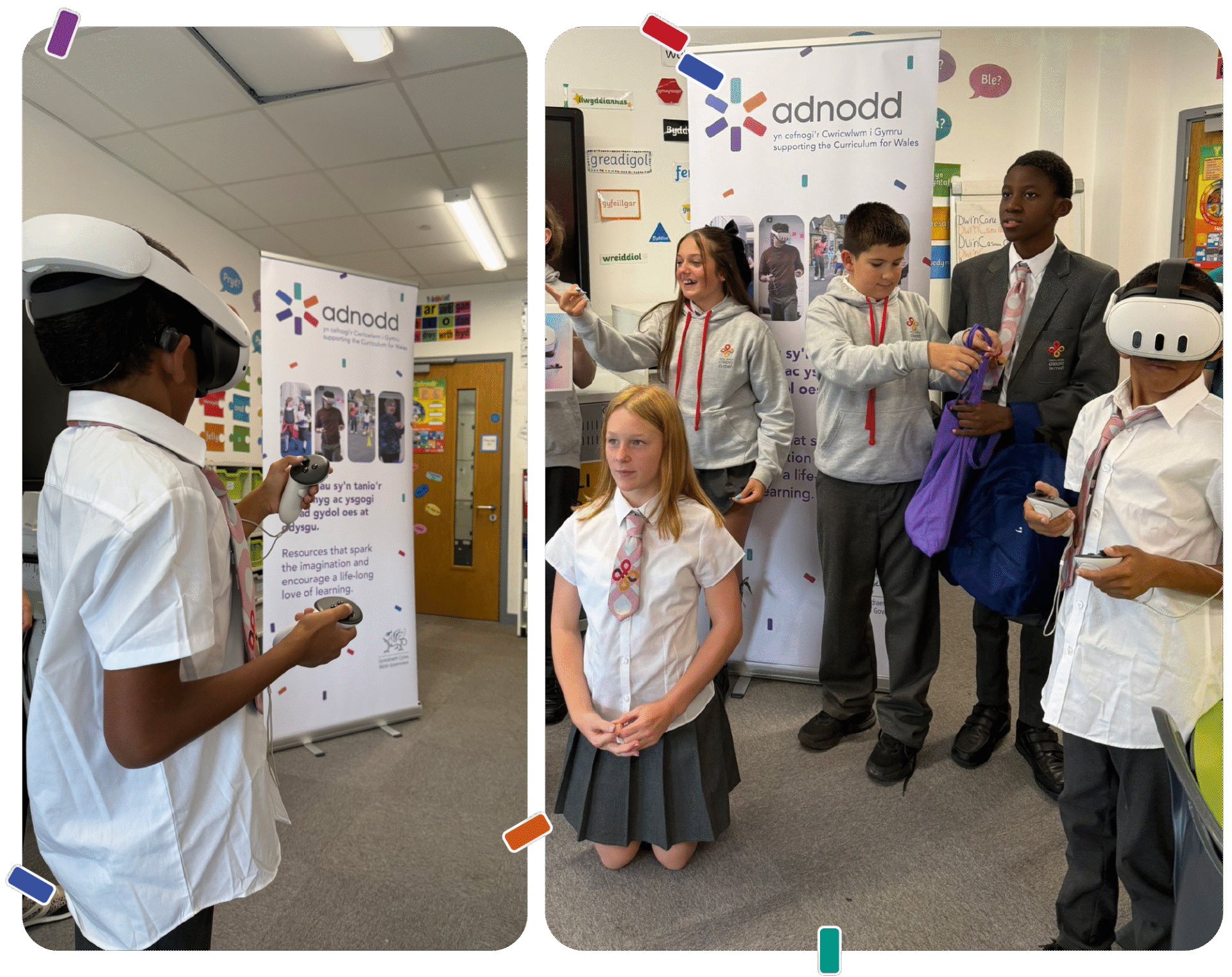 Two photos show schoolchildren taking part in a VR activity indoors, with some wearing VR headsets and others watching, standing in front of Adnodd banners. | Mae dau lun yn dangos disgyblion yn cymryd rhan mewn gweithgaredd realiti rhithwir dan do, gyda rhai yn gwisgo setiau VR ac eraill yn gwylio, o flaen baneri Adnodd.