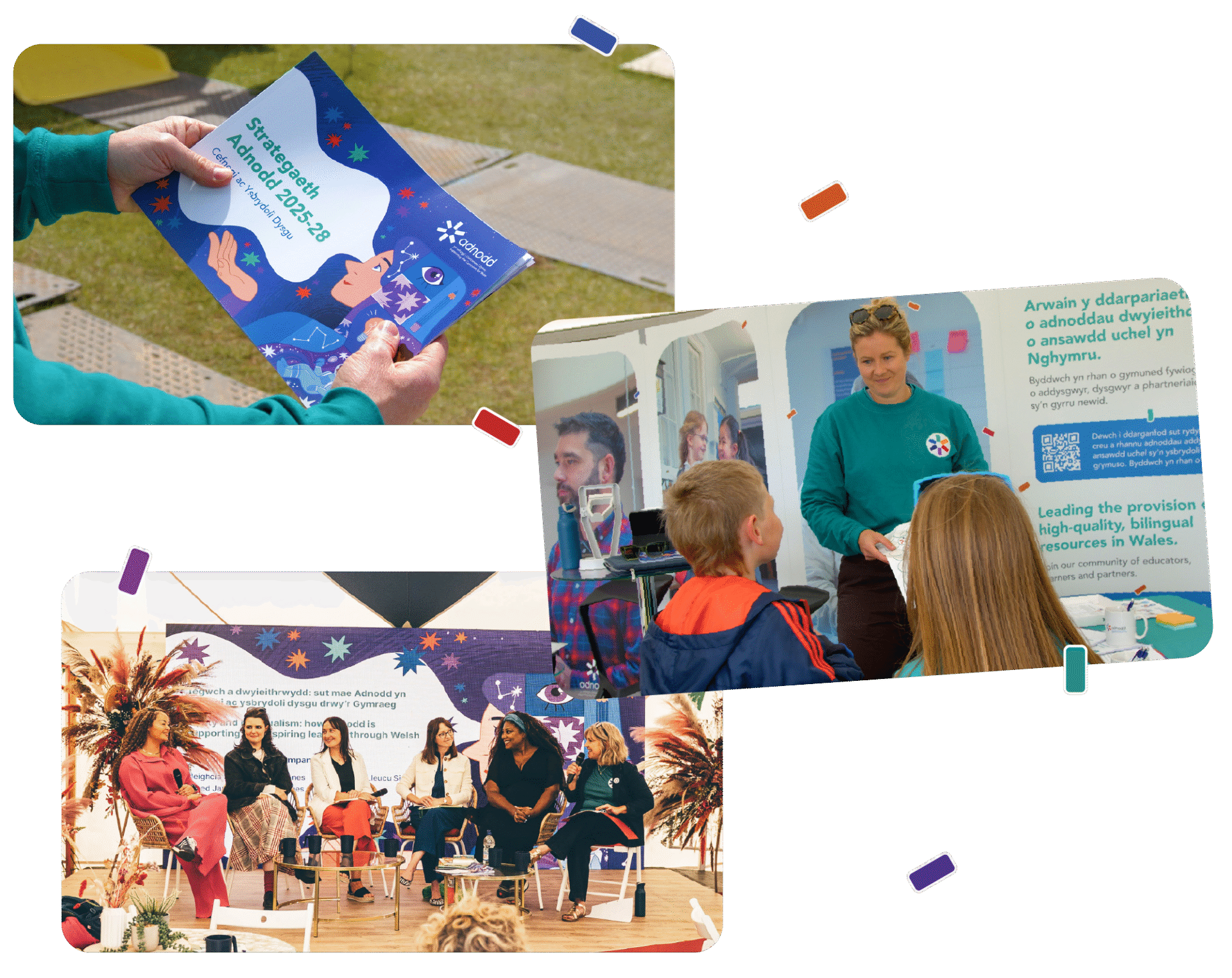 Collage of photos showing Adnodd at the Eisteddfod | Collage o luniau yn dangos Adnodd yn yr Eisteddfod