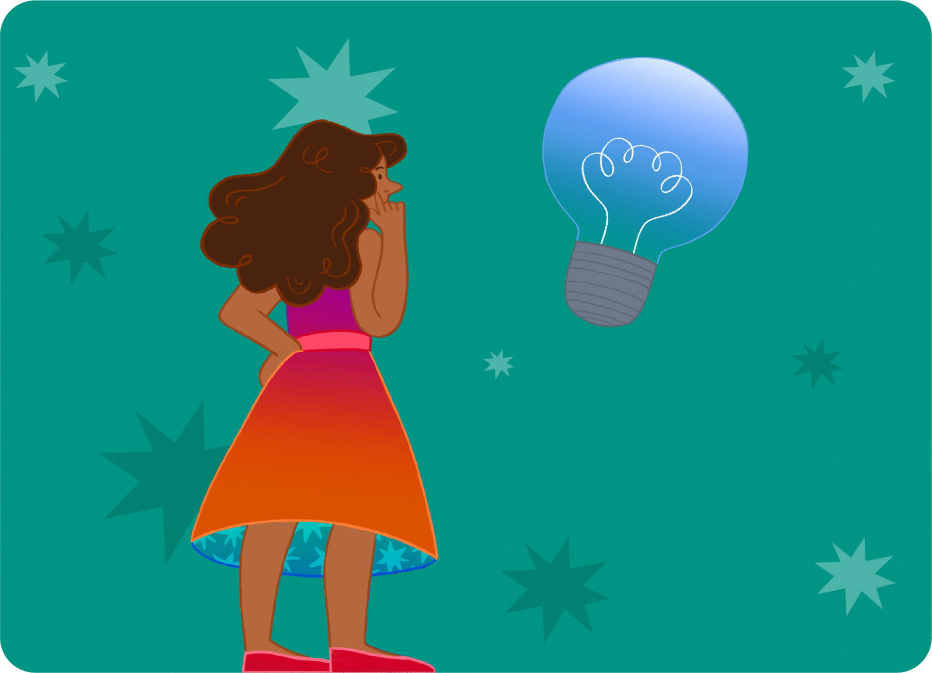 A woman stands thinking with her hand on her chin, looking at a glowing light bulb on a green background. | Mae menyw yn sefyll yn meddwl gyda’i llaw ar ei gên, yn edrych ar fwlb goleuol ar gefndir gwyrdd.