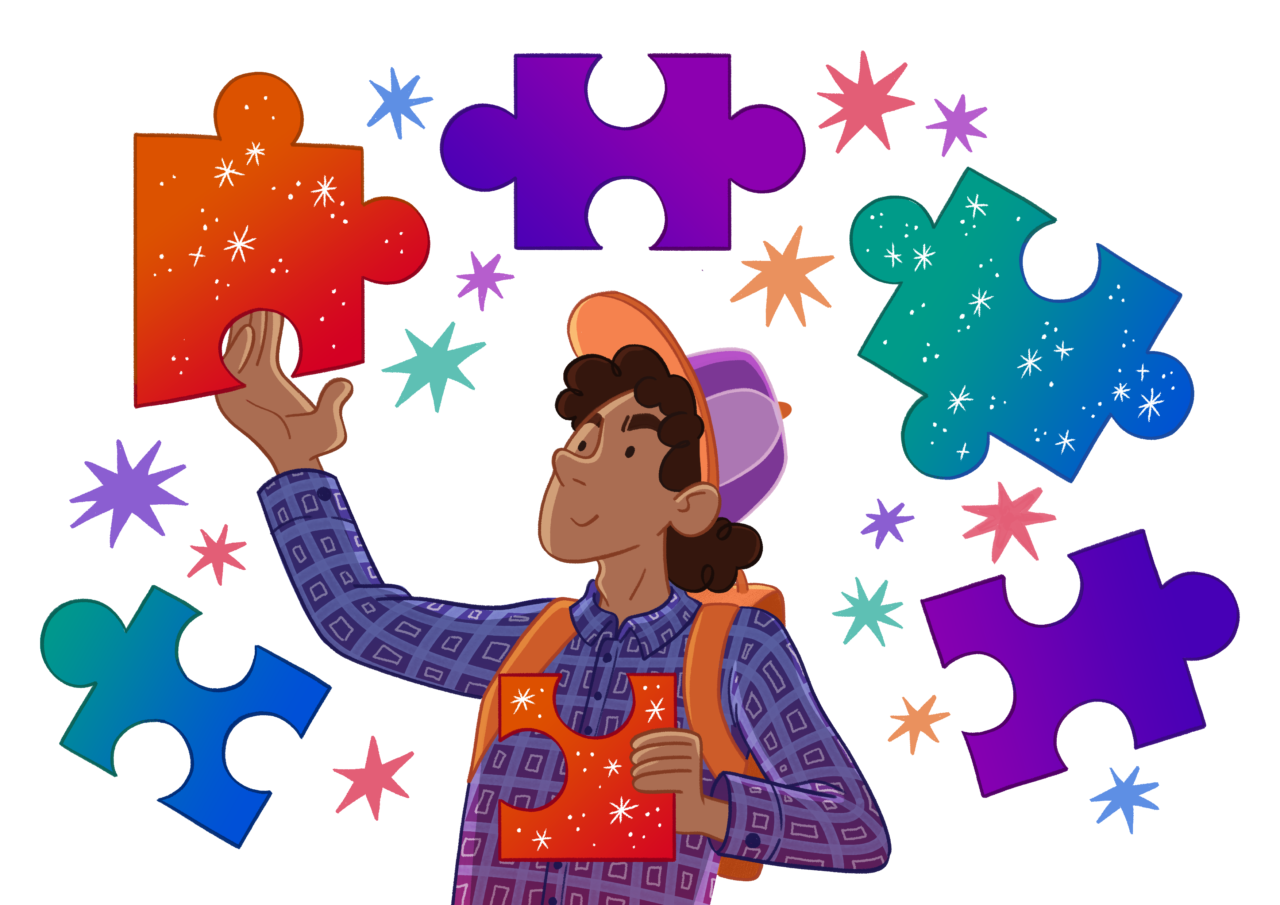 A young person builds something with floating jigsaw pieces. | Mae person ifanc yn adeiladu rhywbeth gyda darnau jigsaw sy'n hedfan o gwmpas ei ben.