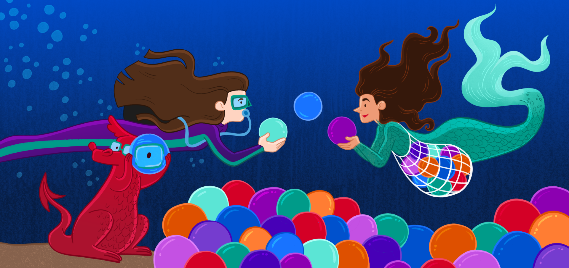 Two women and a dragon swimming in search of colourful orbs. | Dwy dynes a drain yn nofio ac yn darganfod peli lliwgar.
